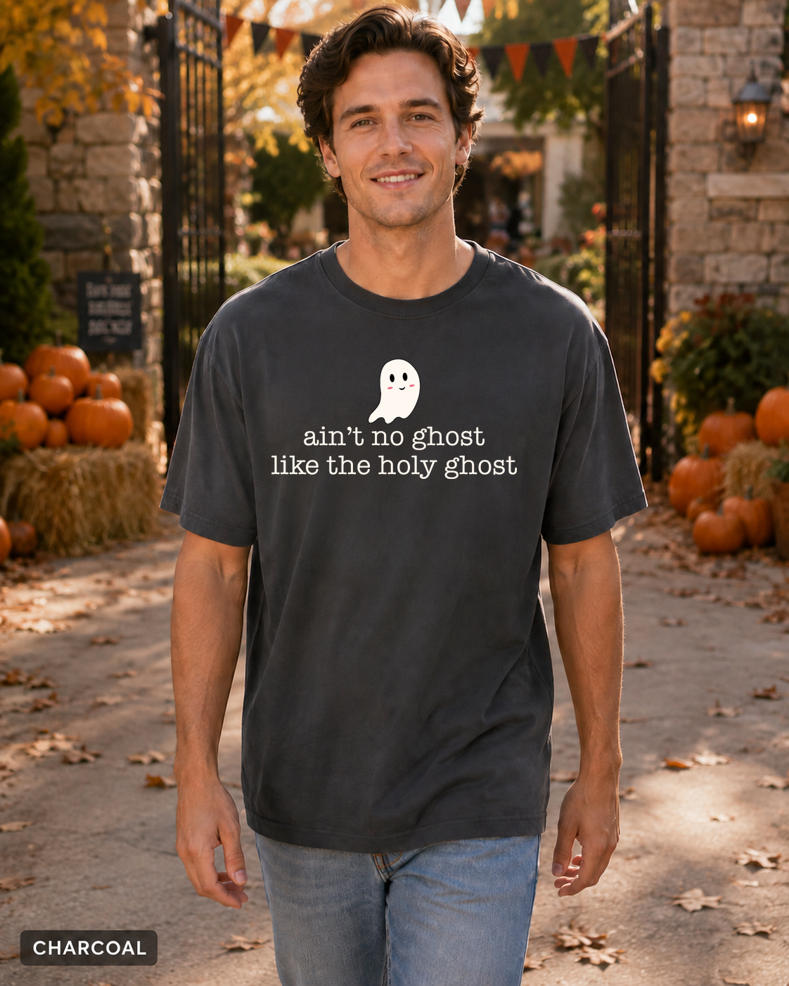 Male model wearing Charcoal Ain't No Ghost Like the Holy Ghost Halloween T-shirt
