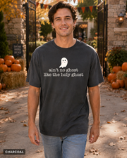 Male model wearing Charcoal Ain't No Ghost Like the Holy Ghost Halloween T-shirt