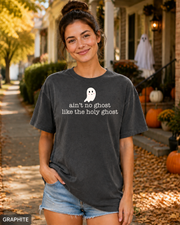 Female model wearing Graphite Ain't No Ghost Like the Holy Ghost Halloween T-shirt