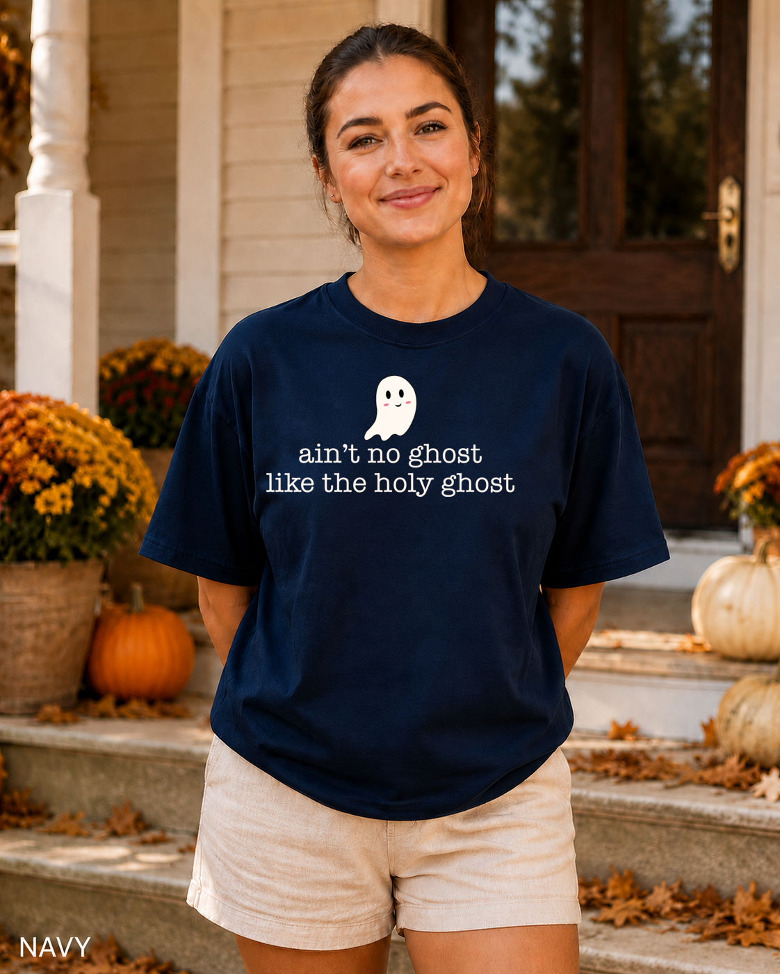 Female model wearing Navy Ain't No Ghost Like the Holy Ghost Halloween T-shirt