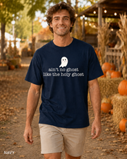 Male model wearing Navy Ain't No Ghost Like the Holy Ghost Halloween T-shirt