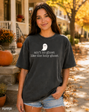 Female model wearing Pepper Ain't No Ghost Like the Holy Ghost Halloween T-shirt