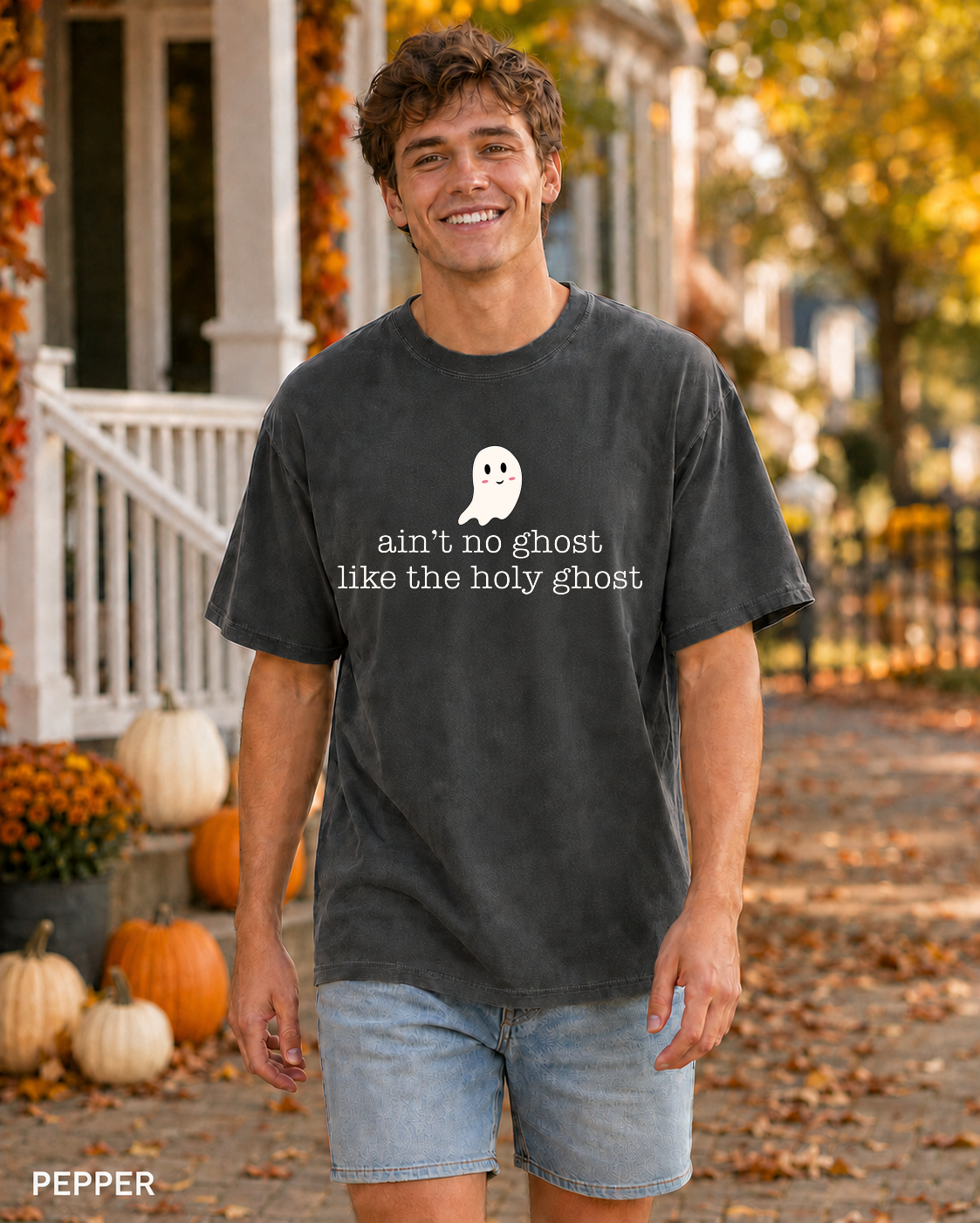 Male model wearing Pepper Ain't No Ghost Like the Holy Ghost Halloween T-shirt