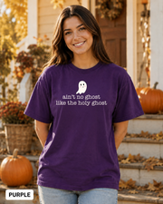 Female model wearing Purple Ain't No Ghost Like the Holy Ghost Halloween T-shirt
