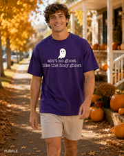 Male model wearing Purple Ain't No Ghost Like the Holy Ghost Halloween T-shirt