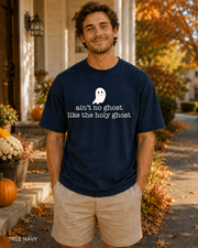 Male model wearing True Navy Ain't No Ghost Like the Holy Ghost Halloween T-shirt