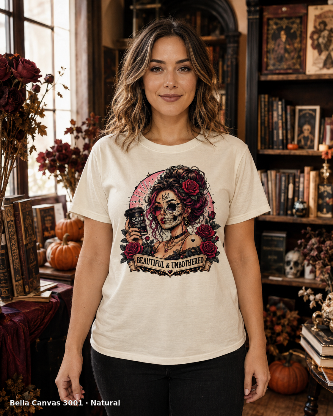 Female model wearing the Bella Canvas 3001 Natural Beautiful & Unbothered gothic skull T-shirt