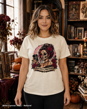 Female model wearing the Bella Canvas 3001 Natural Beautiful & Unbothered gothic skull T-shirt