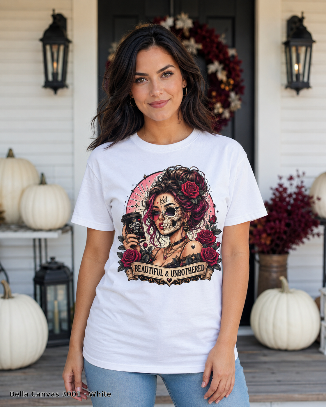 Female model wearing the Bella Canvas 3001 White Beautiful & Unbothered gothic skull T-shirt