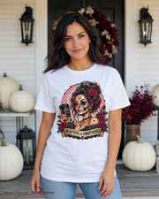 Female model wearing the Bella Canvas 3001 White Beautiful & Unbothered gothic skull T-shirt