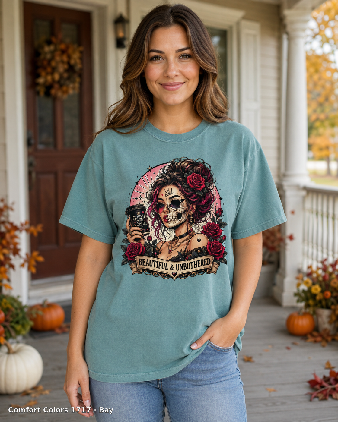 Female model wearing the Comfort Colors 1717 Bay Beautiful & Unbothered gothic skull T-shirt