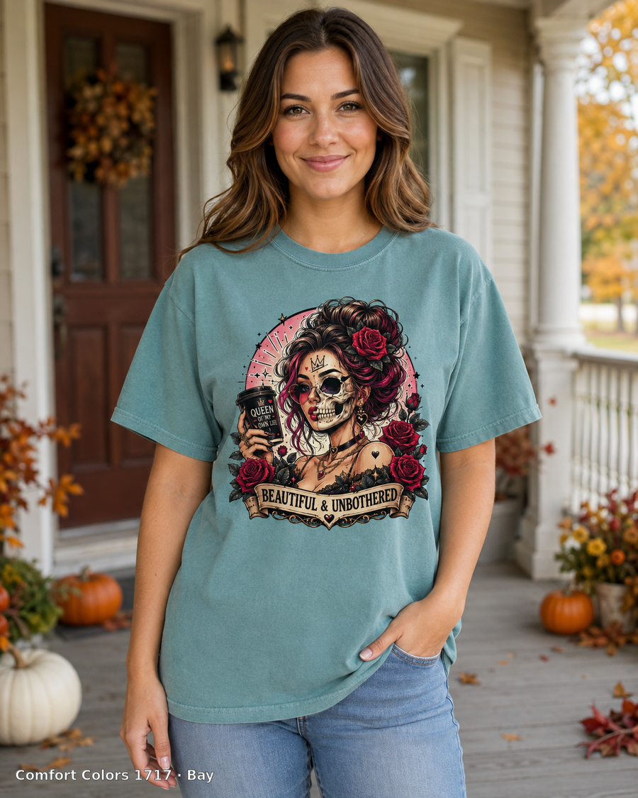 Female model wearing the Comfort Colors 1717 Bay Beautiful & Unbothered gothic skull T-shirt