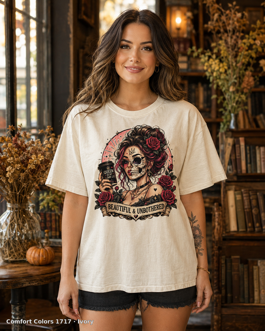 Female model wearing the Comfort Colors 1717 Ivory Beautiful & Unbothered gothic skull T-shirt