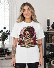 Female model wearing the Comfort Colors 1717 White Beautiful & Unbothered gothic skull T-shirt