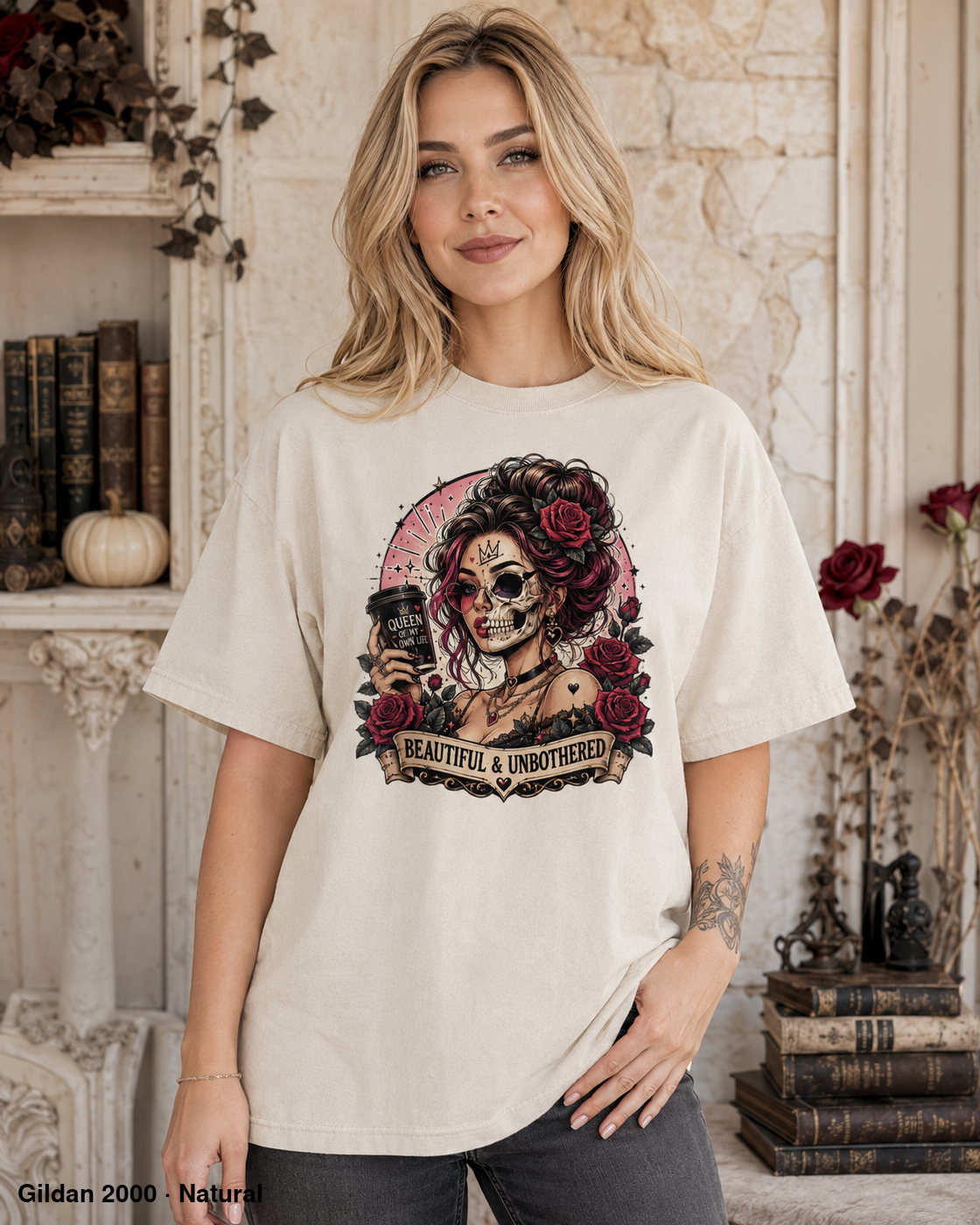 Female model wearing the Gildan 2000 Natural Beautiful & Unbothered gothic skull T-shirt