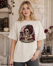 Female model wearing the Gildan 2000 Natural Beautiful & Unbothered gothic skull T-shirt