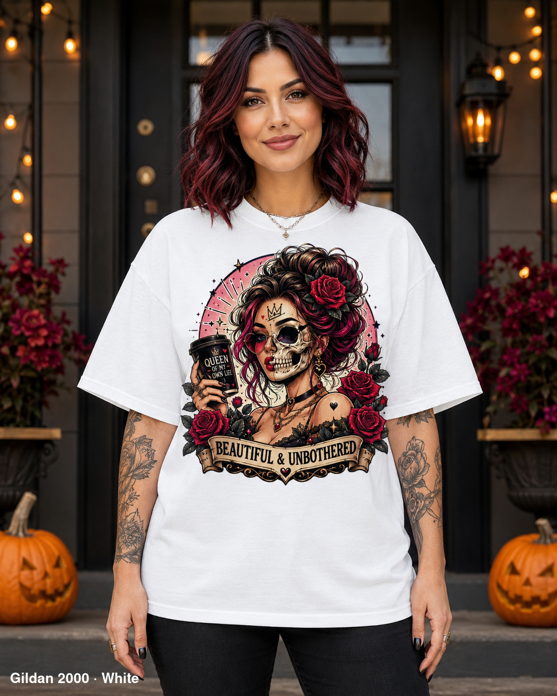 Female model wearing the Gildan 2000 White Beautiful & Unbothered gothic skull T-shirt