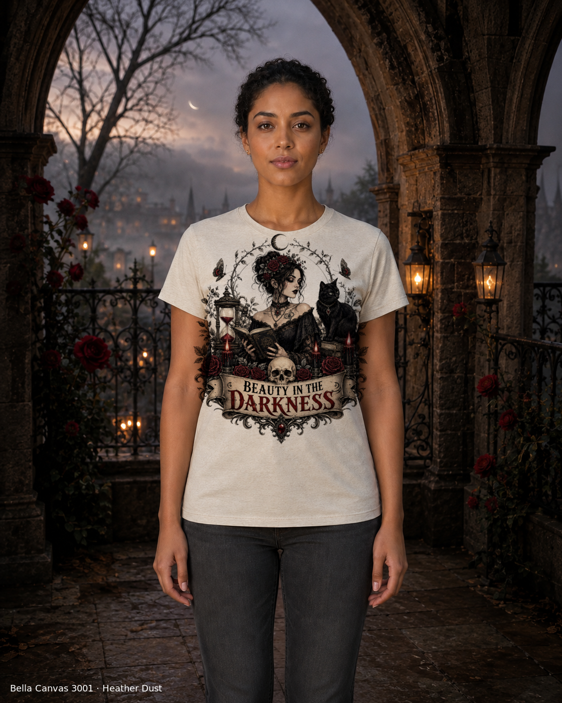 Female model wearing the Bella Canvas 3001 Heather Dust Beauty in the Darkness gothic T-shirt