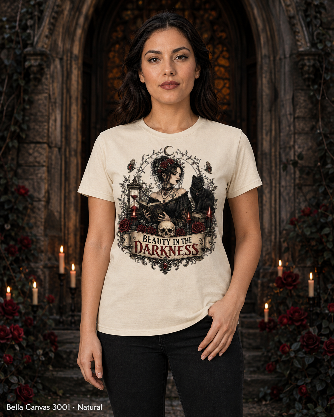 Female model wearing the Bella Canvas 3001 Natural Beauty in the Darkness gothic T-shirt