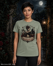 Female model wearing the Bella Canvas 3001 Sage Beauty in the Darkness gothic T-shirt
