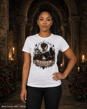 Female model wearing the Bella Canvas 3001 White Beauty in the Darkness gothic T-shirt