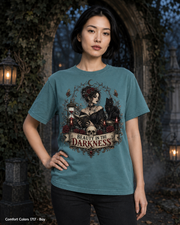 Female model wearing the Comfort Colors 1717 Bay Beauty in the Darkness gothic T-shirt