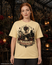 Female model wearing the Comfort Colors 1717 Butter Beauty in the Darkness gothic T-shirt