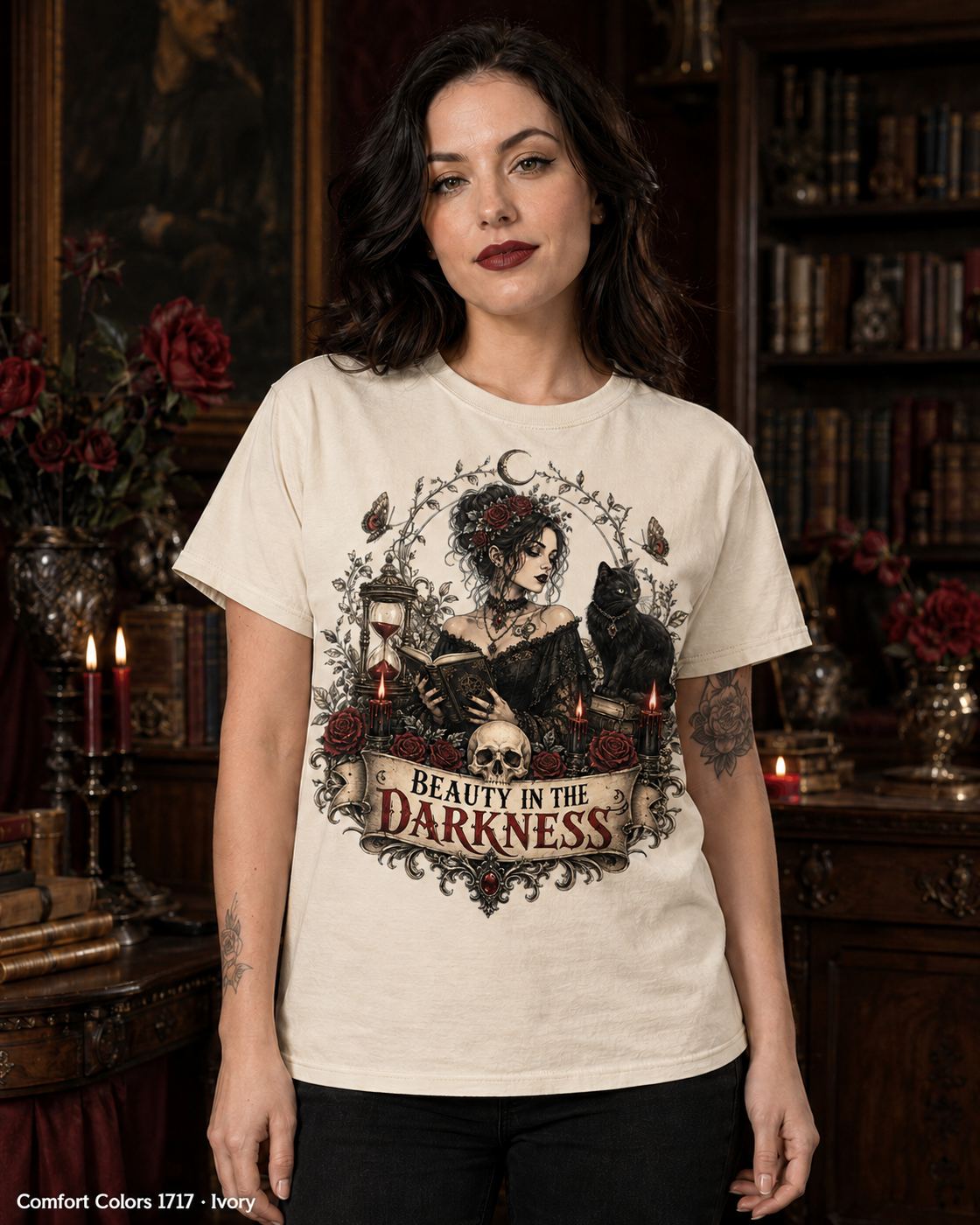 Female model wearing the Comfort Colors 1717 Ivory Beauty in the Darkness gothic T-shirt