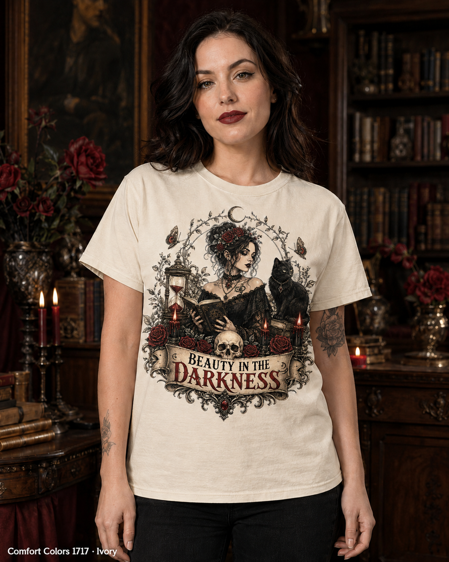 Female model wearing the Comfort Colors 1717 Ivory Beauty in the Darkness gothic T-shirt