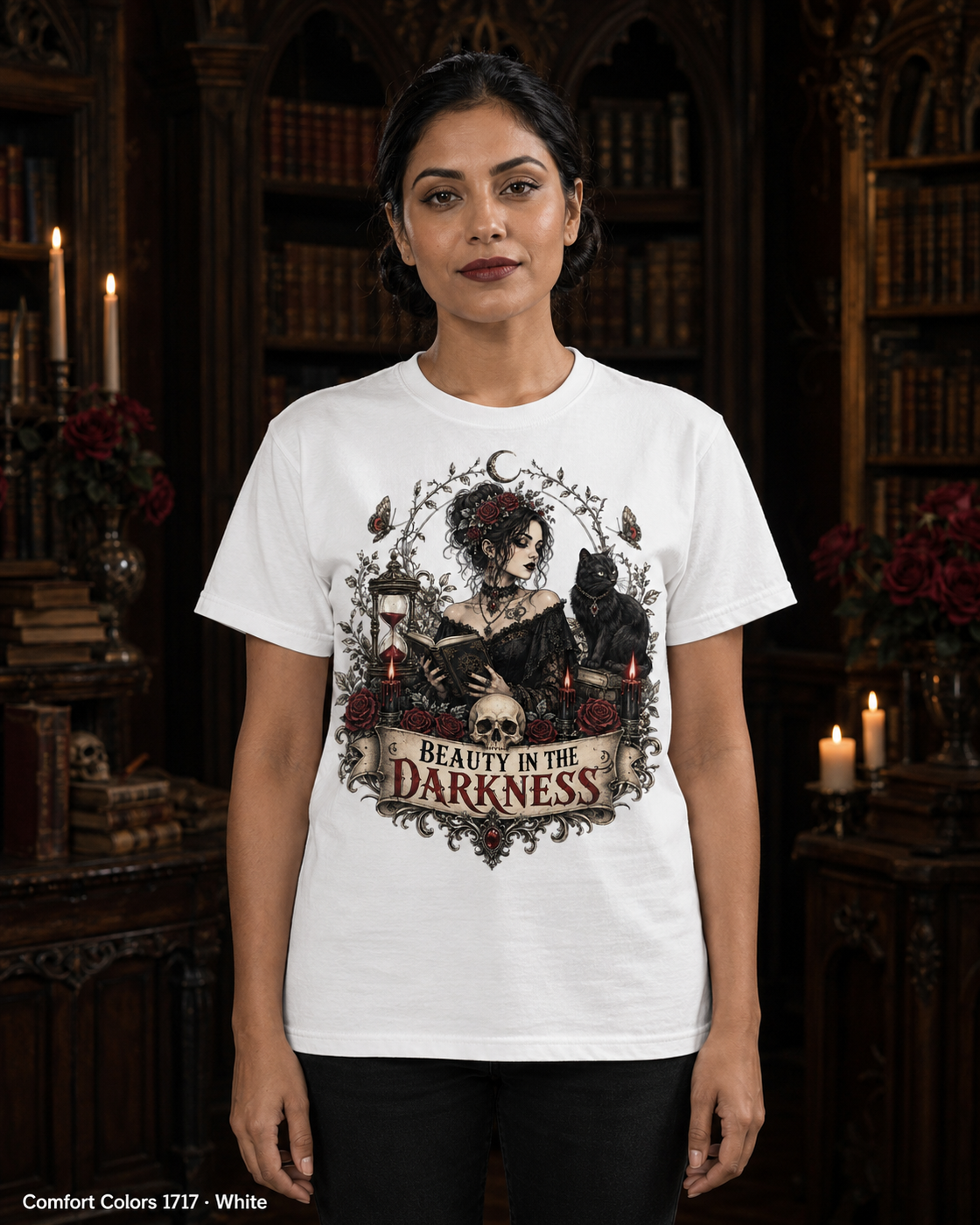 Female model wearing the Comfort Colors 1717 White Beauty in the Darkness gothic T-shirt