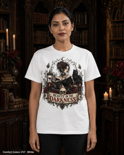 Female model wearing the Comfort Colors 1717 White Beauty in the Darkness gothic T-shirt