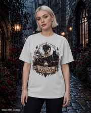 Female model wearing the Gildan 2000 Ice Grey Beauty in the Darkness gothic T-shirt