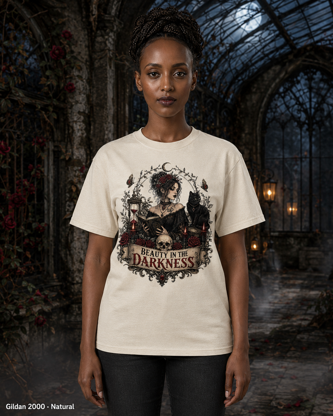 Female model wearing the Gildan 2000 Natural Beauty in the Darkness gothic T-shirt