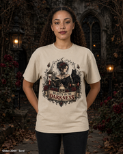 Female model wearing the Gildan 2000 Sand Beauty in the Darkness gothic T-shirt