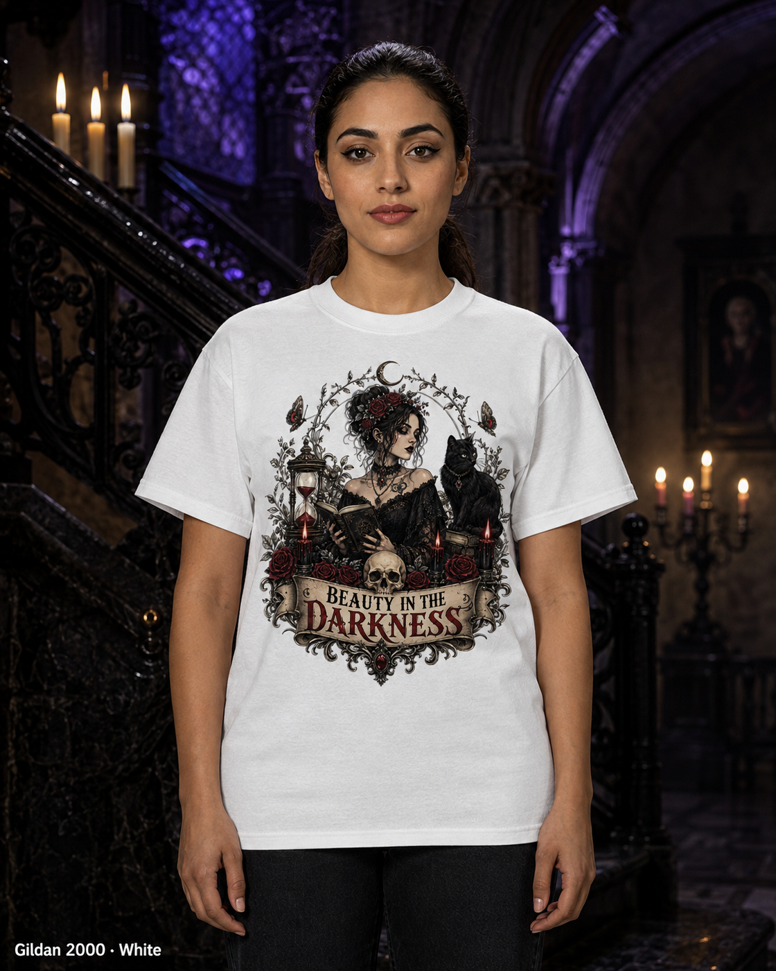 Female model wearing the Gildan 2000 White Beauty in the Darkness gothic T-shirt