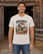 Bella Canvas 3001 — Heather Dust — Male model — Spooky Cowboy T-Shirt
