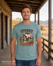Bella Canvas 3001 — Heather Dusty Blue — Male model — Spooky Cowboy T-Shirt