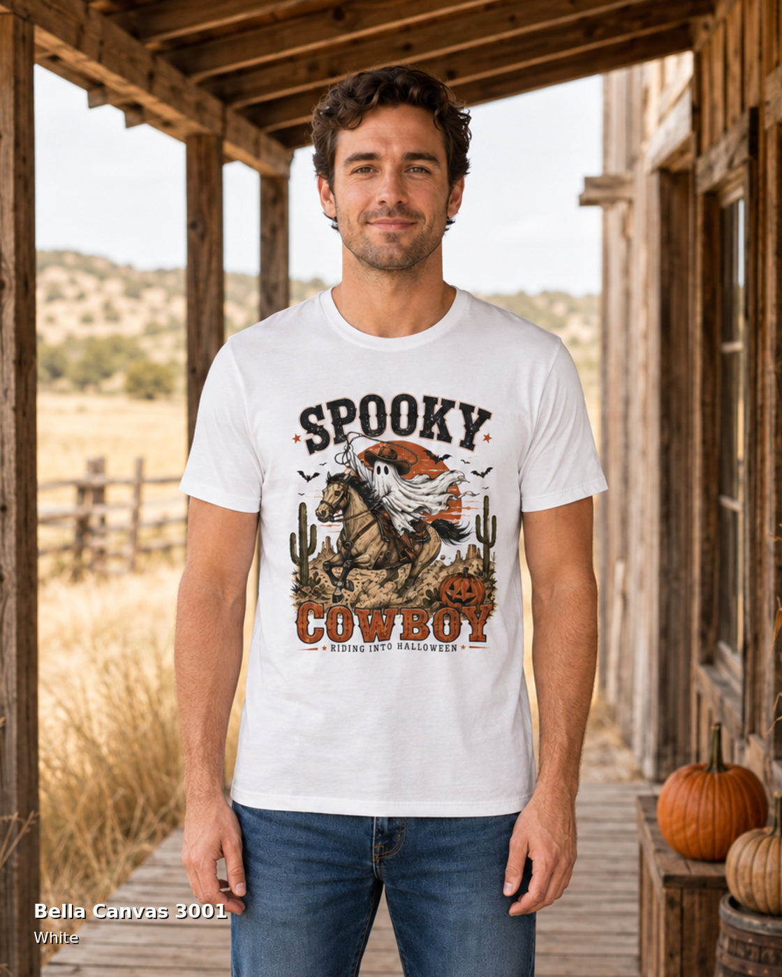 Bella Canvas 3001 — White — Male model — Spooky Cowboy T-Shirt