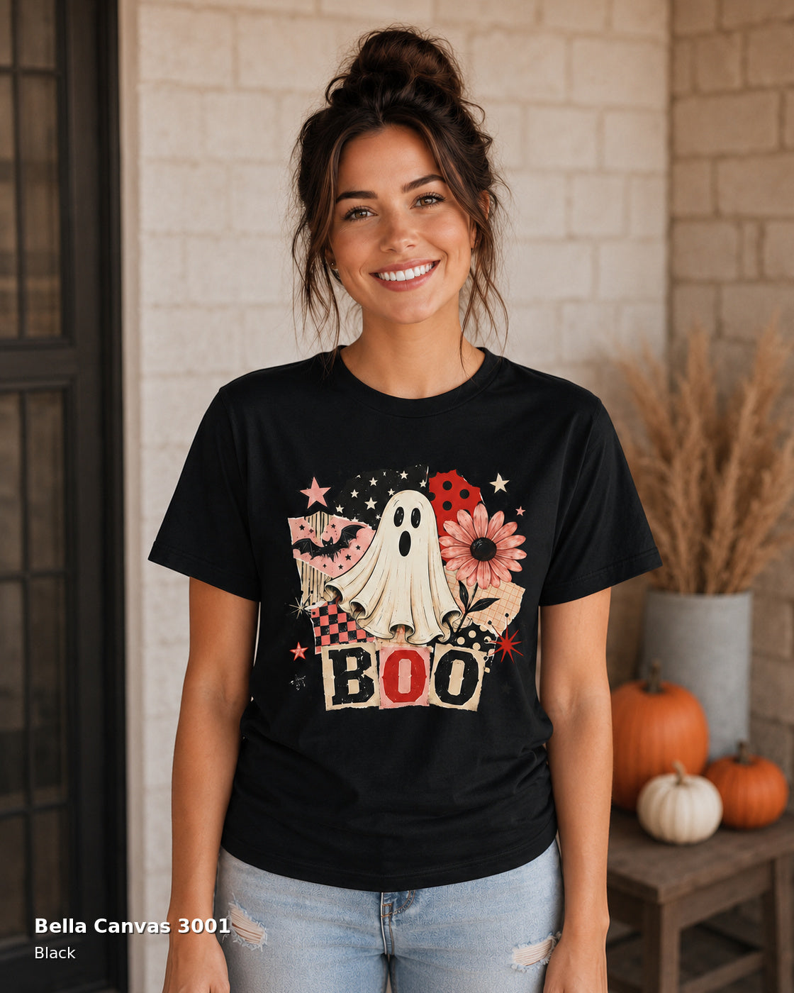 Bella Canvas 3001 Black — centered female model wearing Retro BOO Ghost Floral Halloween T-Shirt