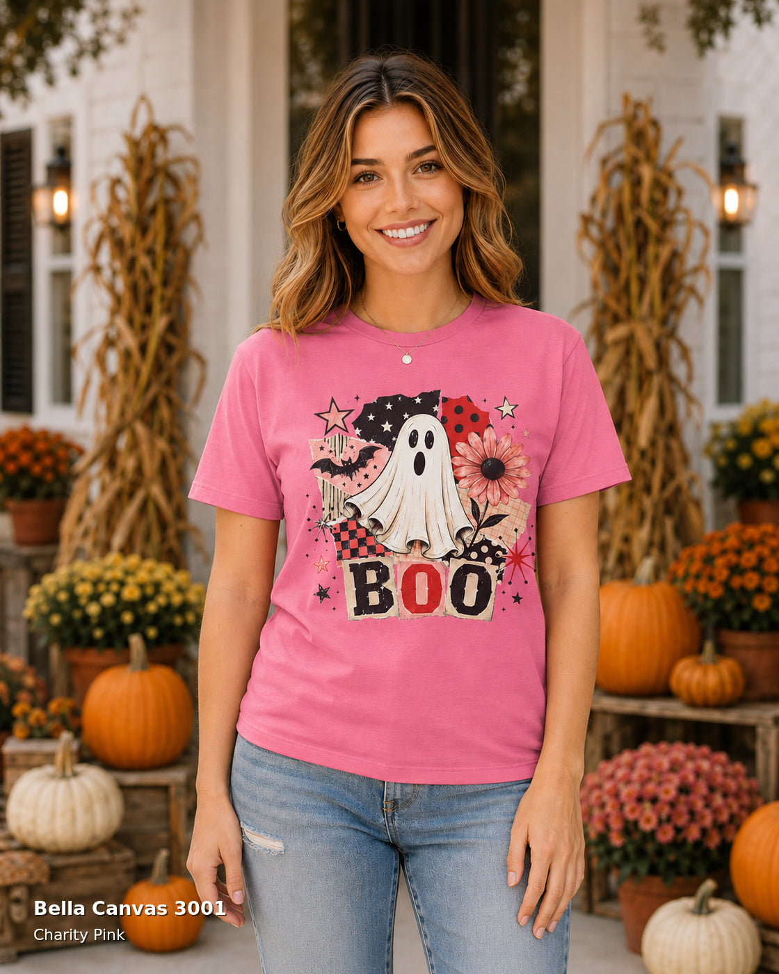 Bella Canvas 3001 Charity Pink — centered female model wearing Retro BOO Ghost Floral Halloween T-Shirt