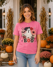 Bella Canvas 3001 Charity Pink — centered female model wearing Retro BOO Ghost Floral Halloween T-Shirt