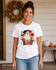 Bella Canvas 3001 White — centered female model wearing Retro BOO Ghost Floral Halloween T-Shirt