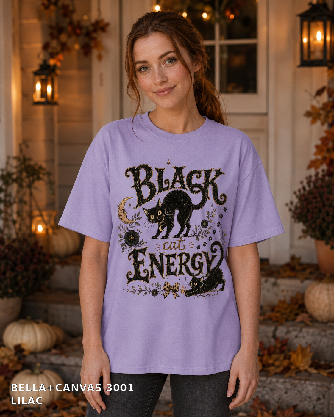 Black Cat Energy Vintage Halloween T-Shirt — Bella+Canvas 3001 Lilac — female model