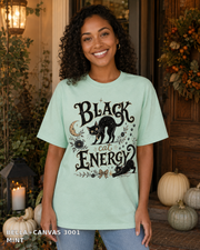 Black Cat Energy Vintage Halloween T-Shirt — Bella+Canvas 3001 Mint — female model