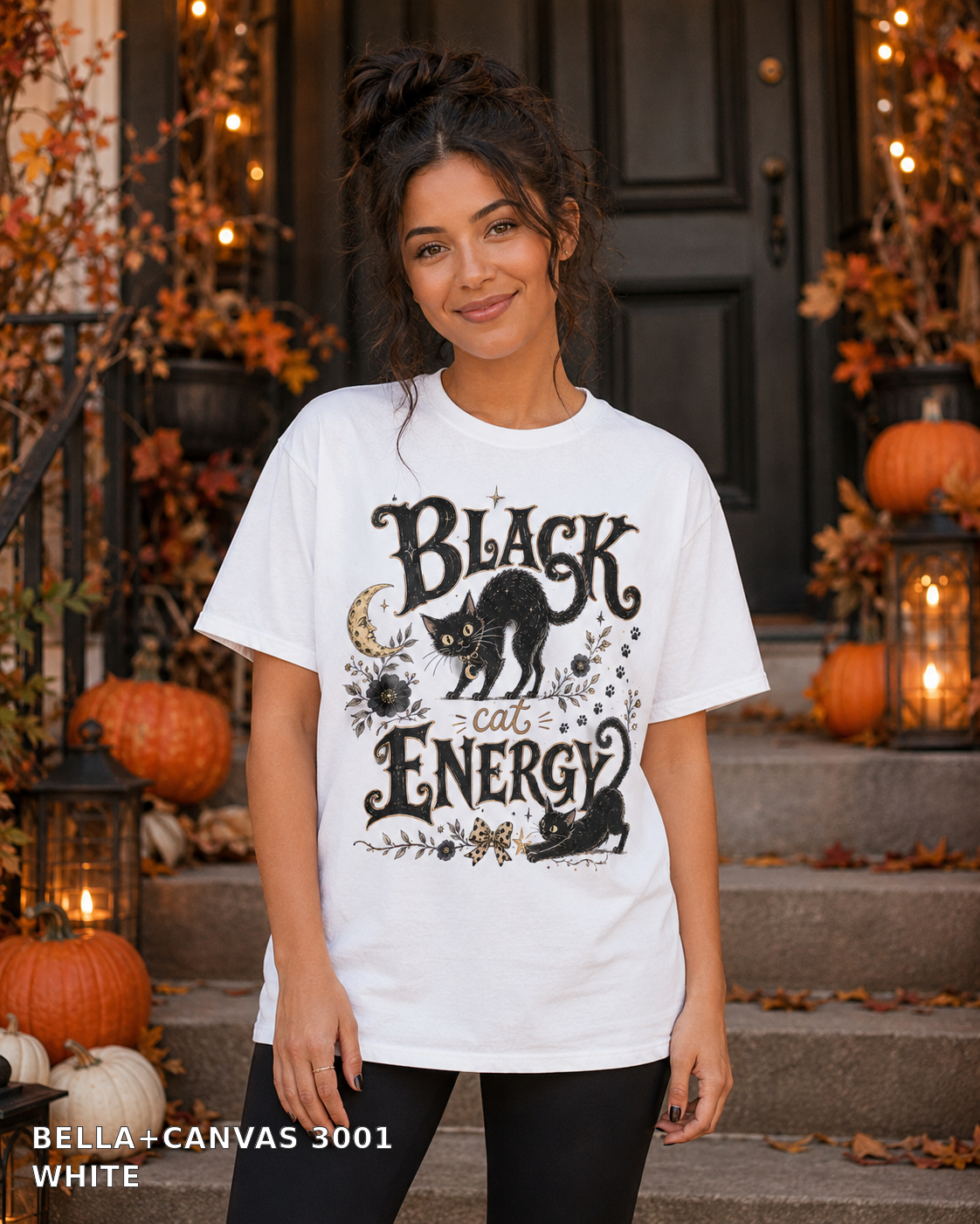Black Cat Energy Vintage Halloween T-Shirt — Bella+Canvas 3001 White — female model