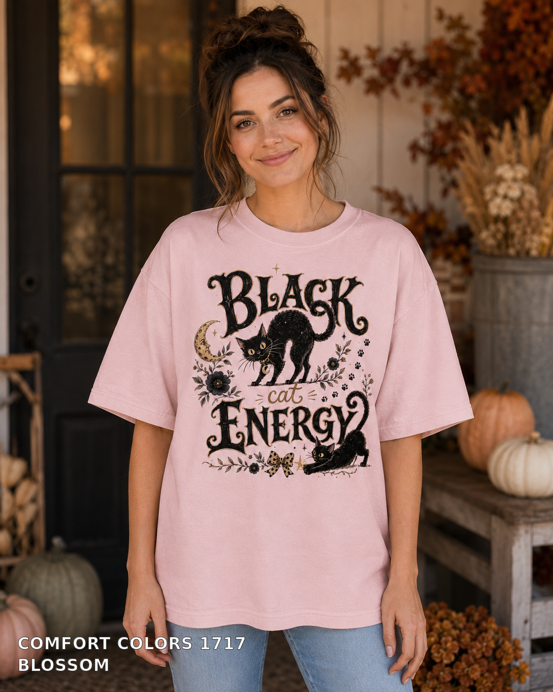 Black Cat Energy Vintage Halloween T-Shirt — Comfort Colors 1717 Blossom — female model