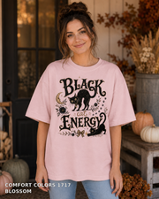 Black Cat Energy Vintage Halloween T-Shirt — Comfort Colors 1717 Blossom — female model