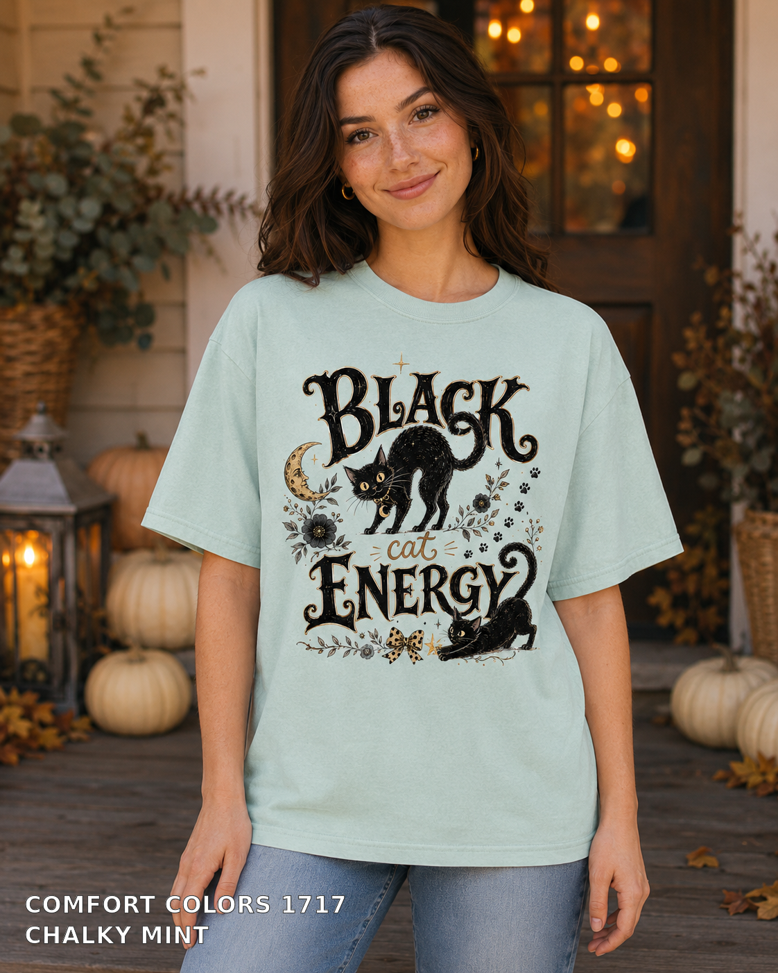 Black Cat Energy Vintage Halloween T-Shirt — Comfort Colors 1717 Chalky Mint — female model