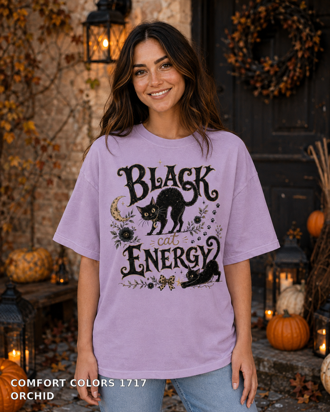 Black Cat Energy Vintage Halloween T-Shirt — Comfort Colors 1717 Orchid — female model
