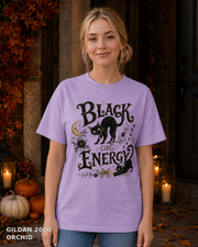 Black Cat Energy Vintage Halloween T-Shirt — Gildan 2000 Orchid — female model